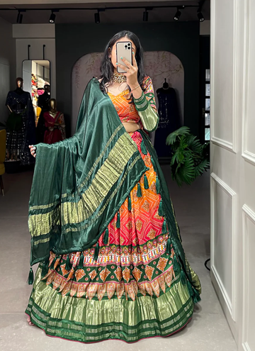 Bandhej Print Pure Gaji Silk Yellow Shaded Lehenga Choli